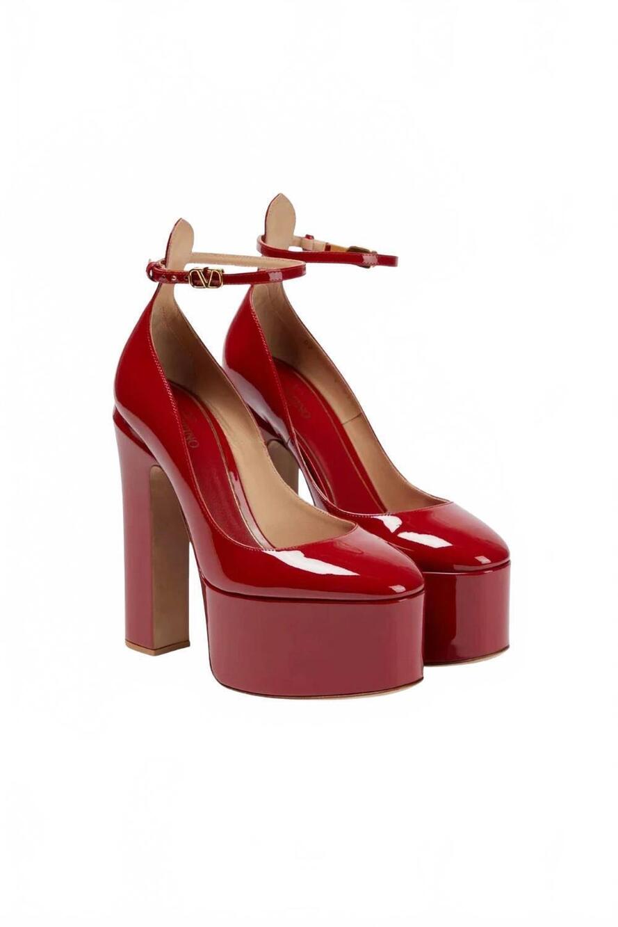 NEW VALENTINO GARAVANI women's tan-go 155mm patent leather platform pumps in red